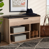 Baxton Studio MH7175-Dark BrownOak-Shoe Bench Baxton Studio Ramsay Modern and Contemporary Dark Brown Faux Leather Upholstered and Oak Brown Finished Wood Shoe Storage Bench